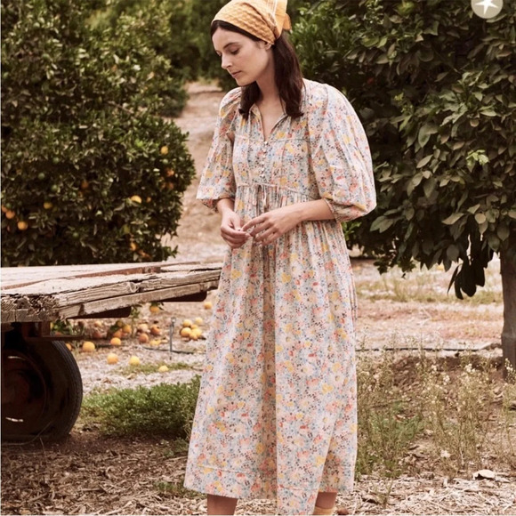 THE GREAT. Bonnet 100% Cotton Prairie Floral Boho Peasant Summer Midi Dress - Picture 4 of 16